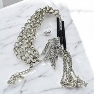 EUC Silver Tone & Black Necklace & Earring Set Large Link Chain